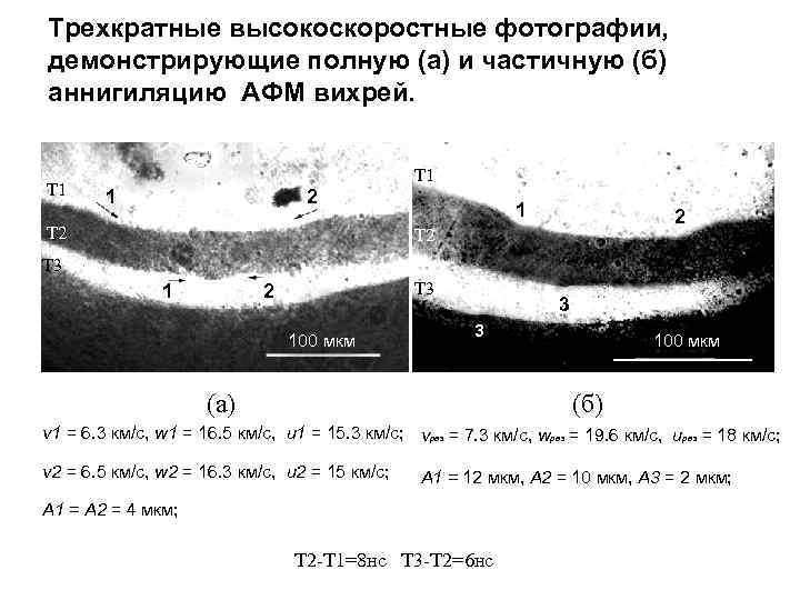 Трехкратные высокоскоростные фотографии, демонстрирующие полную (а) и частичную (б) аннигиляцию АФМ вихрей. T 1