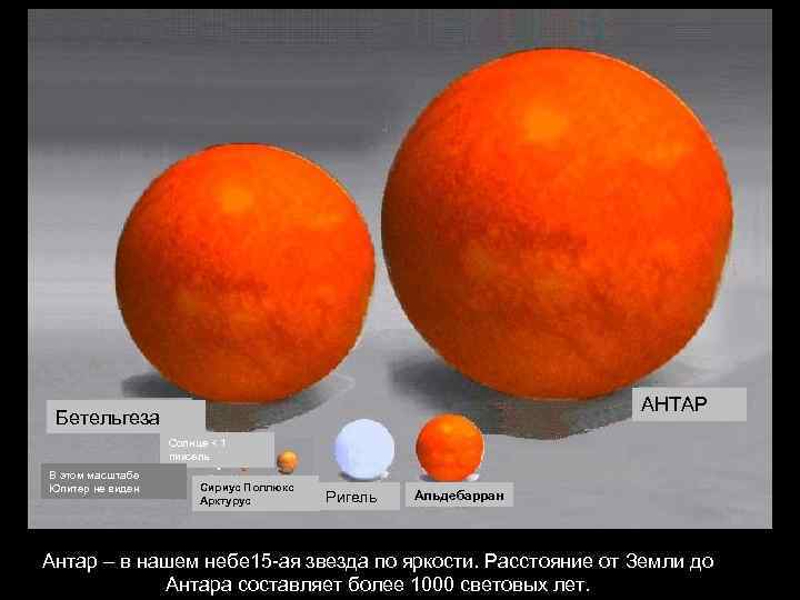 АНТАР Бетельгеза Солнце < 1 пиксель В этом масштабе Юпитер не виден Сириус Поллюкс