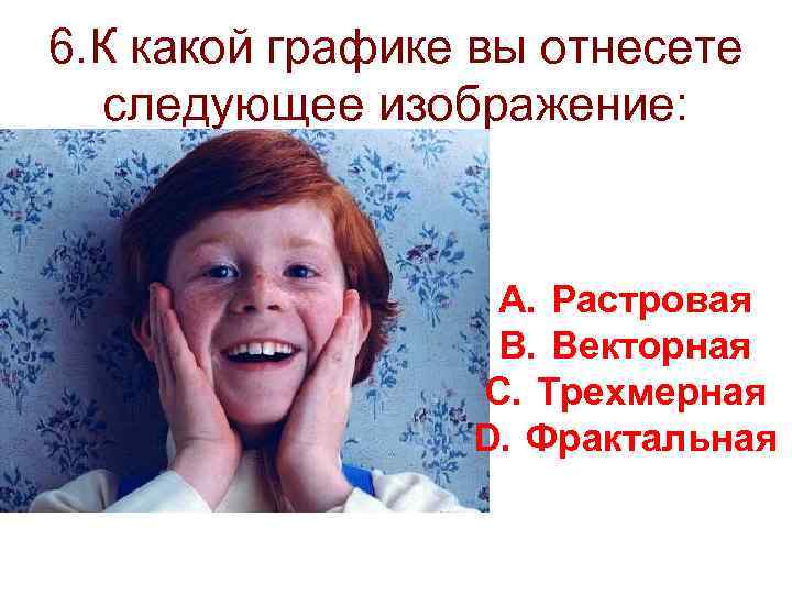 6. К какой графике вы отнесете следующее изображение: A. Растровая B. Векторная C. Трехмерная