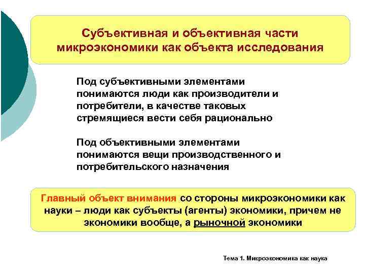 Субъективная и объективная части микроэкономики как объекта исследования Под субъективными элементами понимаются люди как