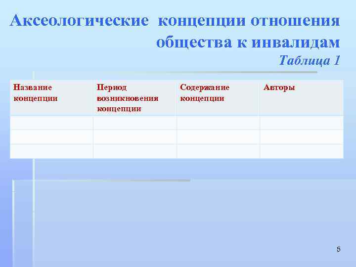 Аксеологические концепции отношения общества к инвалидам Таблица 1 Название концепции Период возникновения концепции Содержание