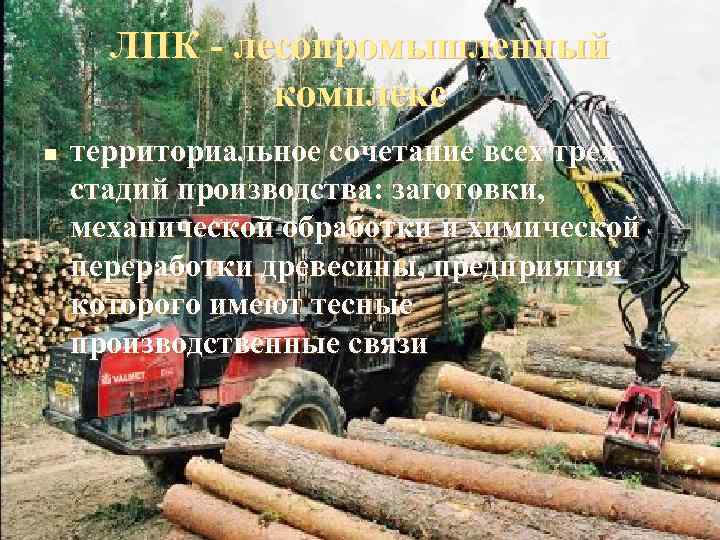 ЛПК - лесопромышленный комплекс n территориальное сочетание всех трех стадий производства: заготовки, механической обработки