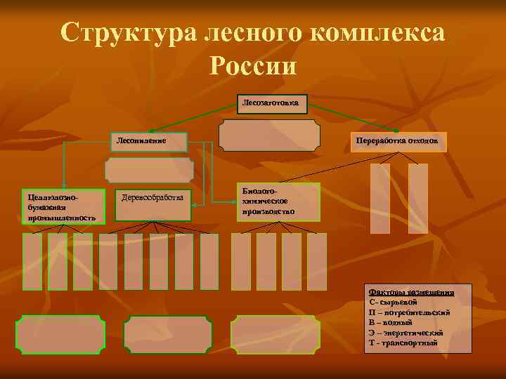 Структура лесного комплекса России Лесозаготовка Лесопиление Целлюлознобумажная промышленность Деревообработка Переработка отходов Биологохимическое производство Факторы
