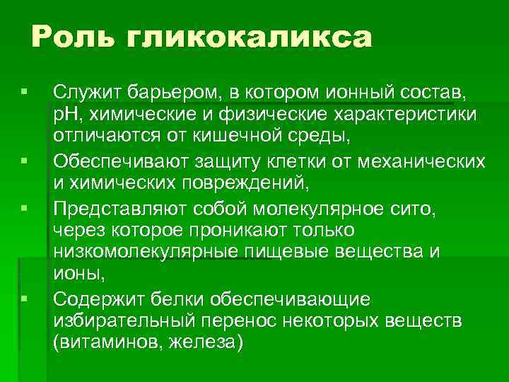 Роль гликокаликса § § Служит барьером, в котором ионный состав, р. Н, химические и
