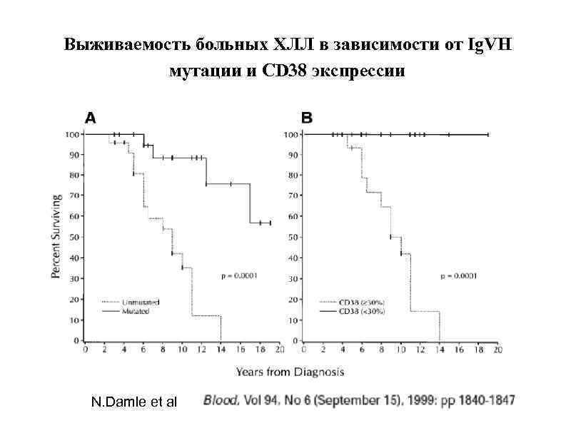 Выживаемость больных ХЛЛ в зависимости от Ig. VH мутации и CD 38 экспрессии N.