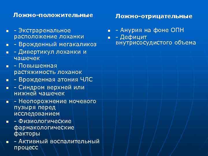 Ложно-положительные n n n n n - Экстраренальное расположение лоханки - Врожденный мегакаликоз -