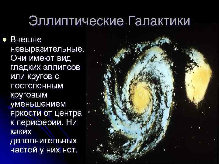 Эллиптические Галактики l Внешне невыразительные. Они имеют вид гладких эллипсов или кругов с постепенным