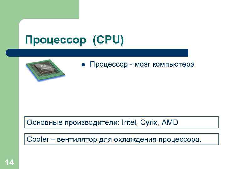 Процессор (CPU) l Процессор - мозг компьютера Основные производители: Intel, Cyrix, AMD Cooler –
