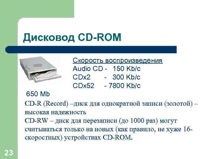 Дисковод CD-ROM Скорость воспроизведения Audio CD - 150 Kb/c CDx 2 - 300 Kb/c