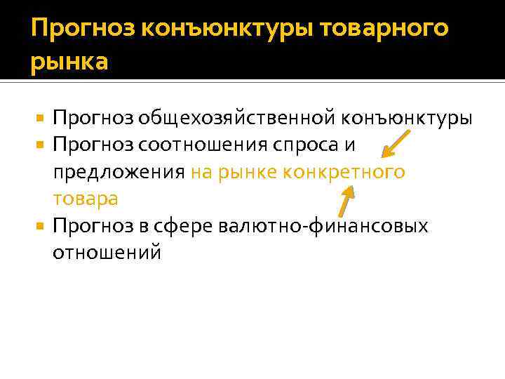 Прогноз конъюнктуры товарного рынка Прогноз общехозяйственной конъюнктуры Прогноз соотношения спроса и предложения на рынке