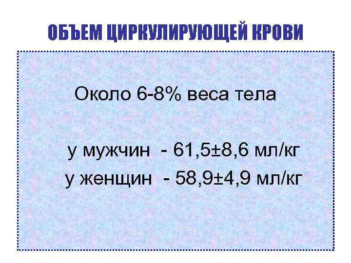 ОБЪЕМ ЦИРКУЛИРУЮЩЕЙ КРОВИ Около 6 -8% веса тела у мужчин - 61, 5± 8,