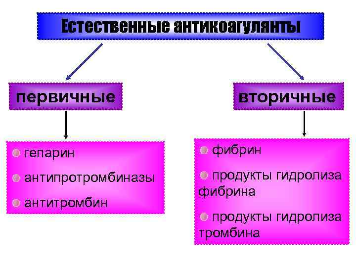 Естественные антикоагулянты первичные гепарин антипротромбиназы антитромбин вторичные фибрин продукты гидролиза фибрина продукты гидролиза тромбина