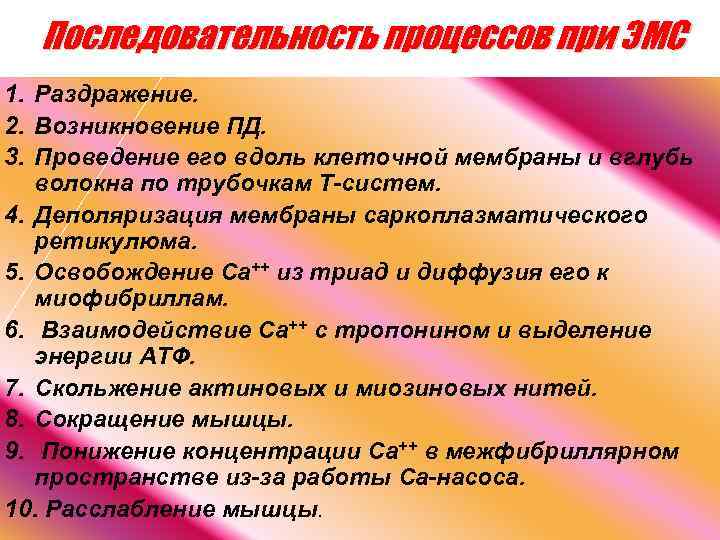 Последовательность процессов при ЭМС 1. Раздражение. 2. Возникновение ПД. 3. Проведение его вдоль клеточной