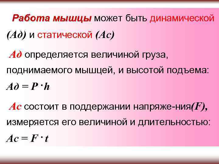 Работа мышцы может быть динамической мышцы (Ад) и статической (Ас) Ад определяется величиной груза,