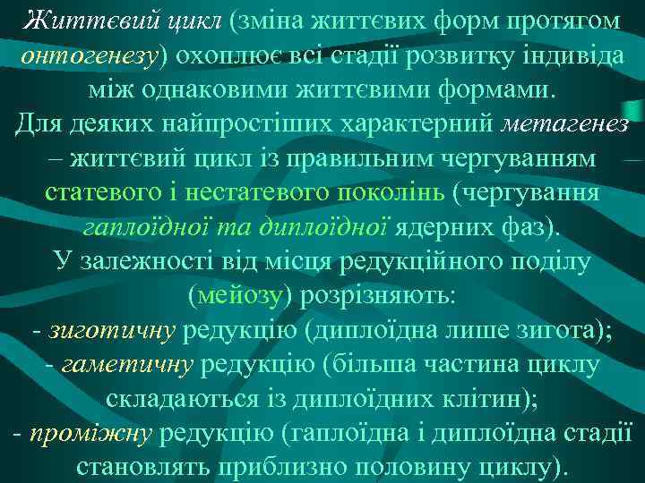 Життєвий цикл (зміна життєвих форм протягом онтогенезу) охоплює всі стадії розвитку індивіда між однаковими