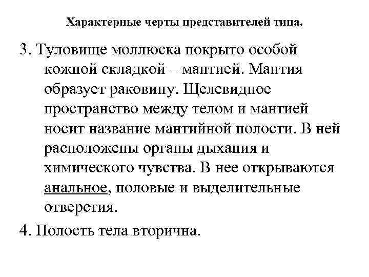 Характерные черты представителей типа. 3. Туловище моллюска покрыто особой кожной складкой – мантией. Мантия