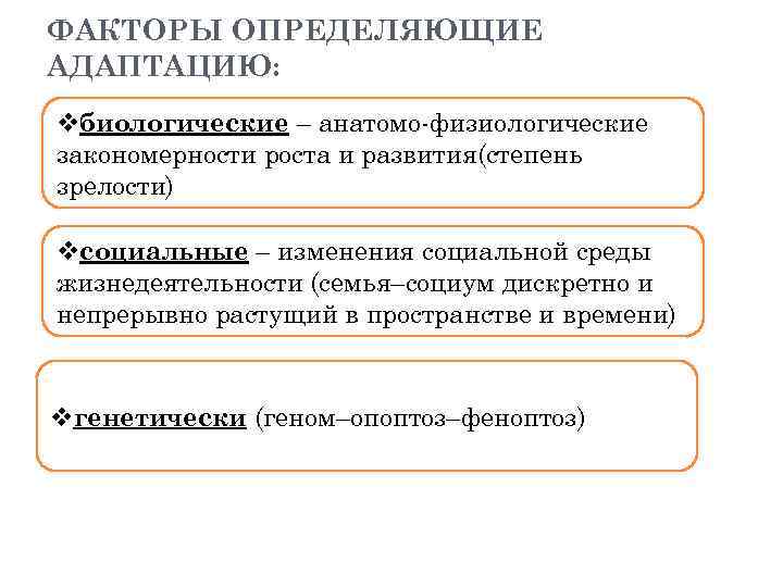 ФАКТОРЫ ОПРЕДЕЛЯЮЩИЕ АДАПТАЦИЮ: vбиологические – анатомо физиологические закономерности роста и развития(степень зрелости) vсоциальные –