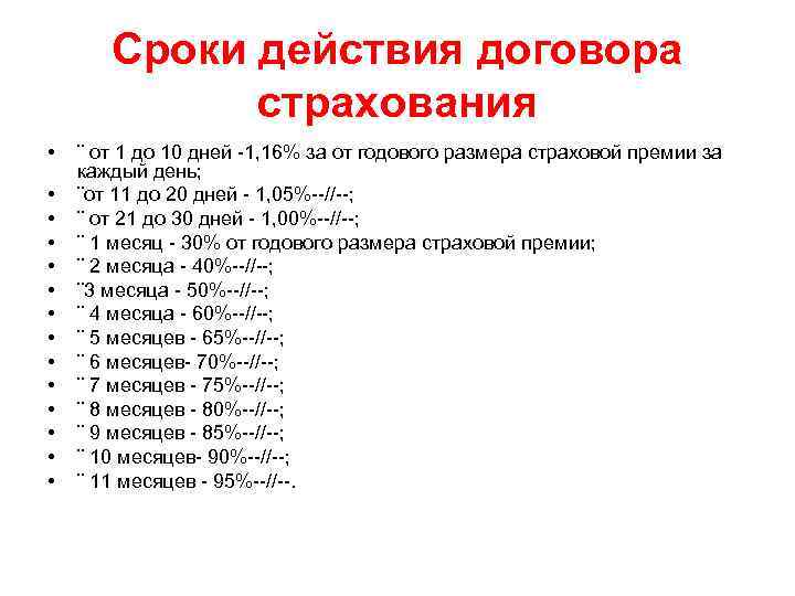 Сроки действия договора страхования • • • • ¨ от 1 до 10 дней