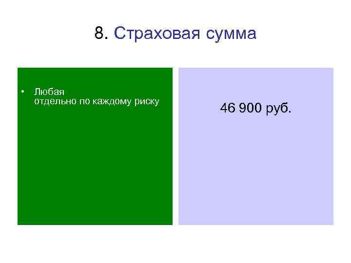 8. Страховая сумма • Любая отдельно по каждому риску 46 900 руб. 