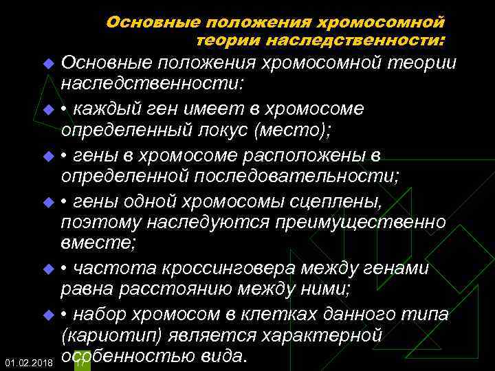 Основные положения хромосомной теории наследственности: u • каждый ген имеет в хромосоме определенный локус