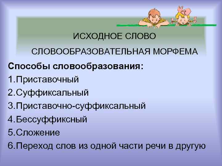 ИСХОДНОЕ СЛОВООБРАЗОВАТЕЛЬНАЯ МОРФЕМА Способы словообразования: 1. Приставочный 2. Суффиксальный 3. Приставочно-суффиксальный 4. Бессуффиксный 5.