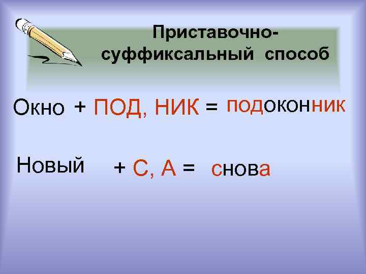 Приставочносуффиксальный способ Окно + ПОД, НИК = подоконник Новый + С, А = снова