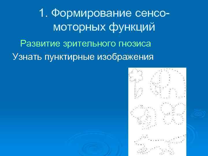 1. Формирование сенсомоторных функций Развитие зрительного гнозиса Узнать пунктирные изображения 