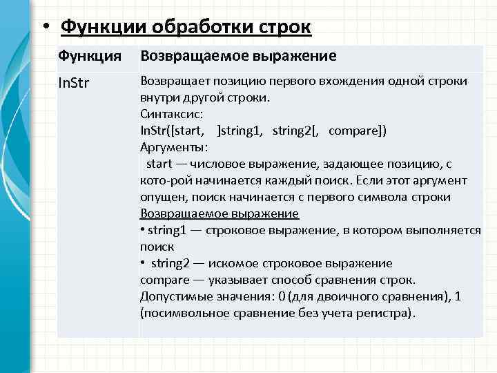  • Функции обработки строк Функция Возвращаемое выражение In. Str Возвращает позицию первого вхождения