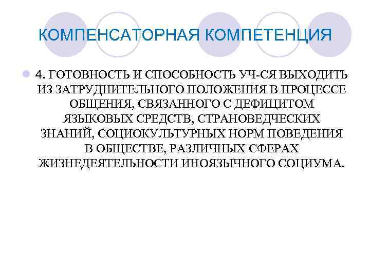 КОМПЕНСАТОРНАЯ КОМПЕТЕНЦИЯ l 4. ГОТОВНОСТЬ И СПОСОБНОСТЬ УЧ-СЯ ВЫХОДИТЬ ИЗ ЗАТРУДНИТЕЛЬНОГО ПОЛОЖЕНИЯ В ПРОЦЕССЕ