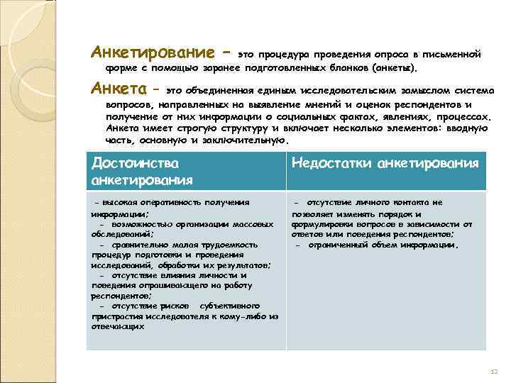 Анкетирование – это процедура проведения опроса в письменной форме с помощью заранее подготовленных бланков