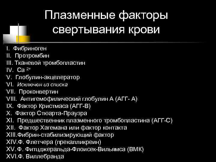 Плазменные факторы свертывания крови I. Фибриноген II. Протромбин III. Тканевой тромбопластин IV. Са 2+