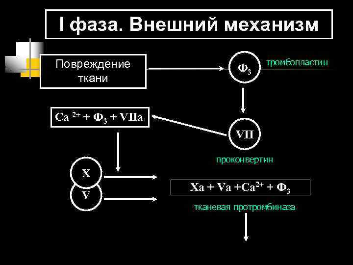 I фаза. Внешний механизм Повреждение ткани Ф 3 тромбопластин Ca 2+ + Ф 3