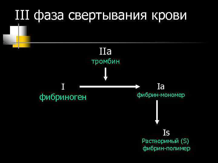 III фаза свертывания крови IIa тромбин I фибриноген Iа фибрин-мономер Is Растворимый (S) фибрин-полимер