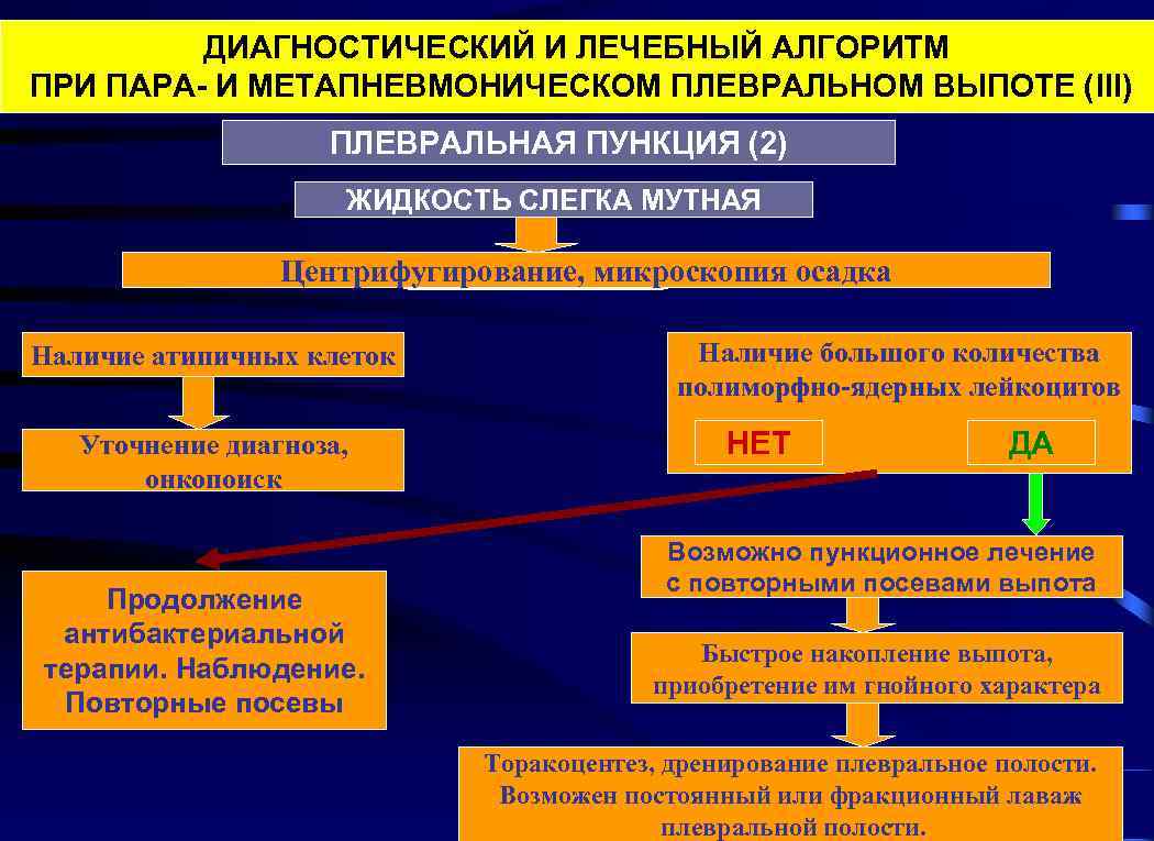 ДИАГНОСТИЧЕСКИЙ И ЛЕЧЕБНЫЙ АЛГОРИТМ ПРИ ПАРА- И МЕТАПНЕВМОНИЧЕСКОМ ПЛЕВРАЛЬНОМ ВЫПОТЕ (III) ПЛЕВРАЛЬНАЯ ПУНКЦИЯ (2)