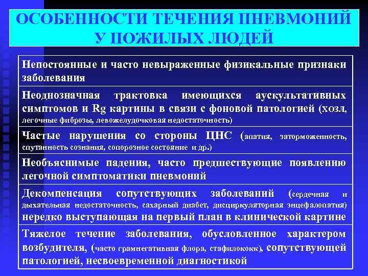 ОСОБЕННОСТИ ТЕЧЕНИЯ ПНЕВМОНИЙ У ПОЖИЛЫХ ЛЮДЕЙ Непостоянные и часто невыраженные физикальные признаки заболевания Неоднозначная