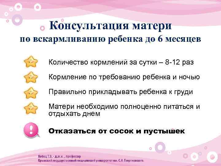 Консультация матери по вскармливанию ребенка до 6 месяцев • Количество кормлений за сутки –