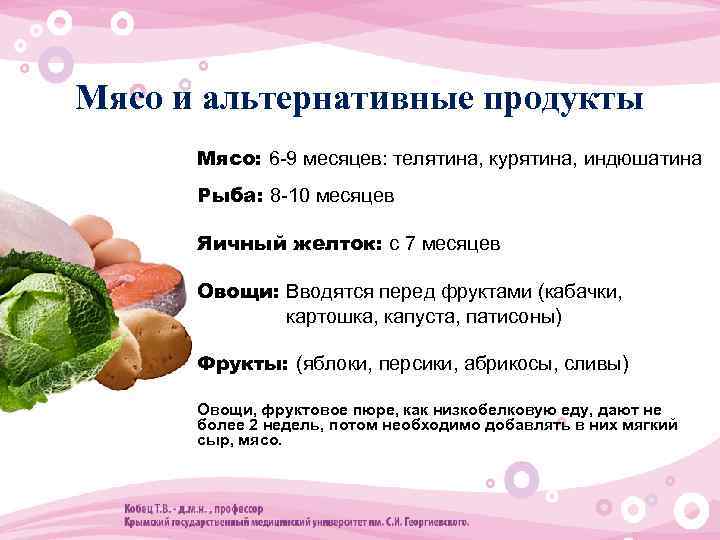 Мясо и альтернативные продукты • Мясо: 6 -9 месяцев: телятина, курятина, индюшатина • Рыба: