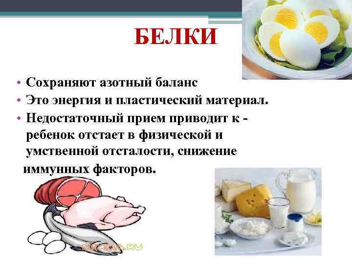 БЕЛКИ • Сохраняют азотный баланс • Это энергия и пластический материал. • Недостаточный прием