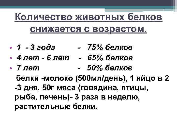 Количество животных белков снижается с возрастом. • 1 - 3 года - 75% белков