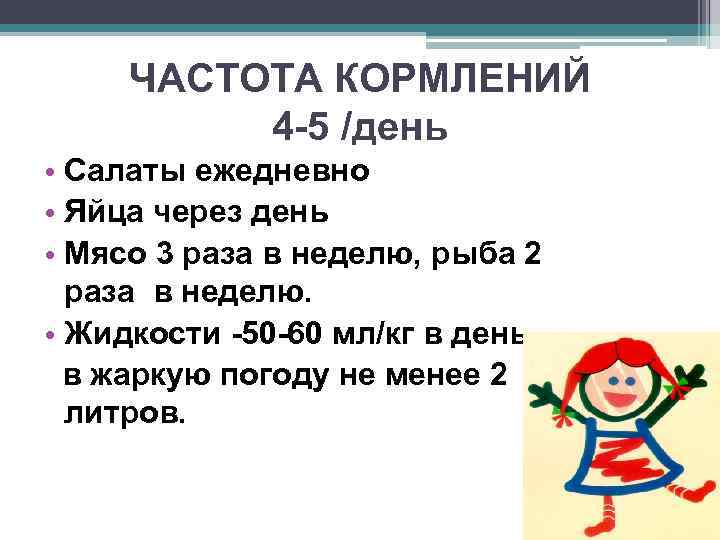 ЧАСТОТА КОРМЛЕНИЙ 4 -5 /день • Салаты ежедневно • Яйца через день • Мясо