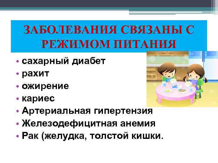 ЗАБОЛЕВАНИЯ СВЯЗАНЫ С РЕЖИМОМ ПИТАНИЯ • сахарный диабет • рахит • ожирение • кариес