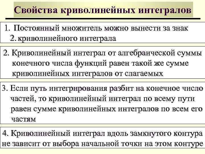 Свойства криволинейных интегралов 1. Постоянный множитель можно вынести за знак 2. криволинейного интеграла 2.