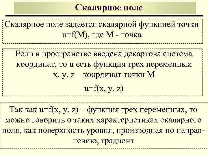 Скалярное поле задается скалярной функцией точки u=f(M), где M - точка Если в пространстве
