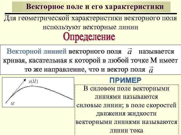 Векторное поле и его характеристики Для геометрической характеристики векторного поля используют векторные линии Векторной