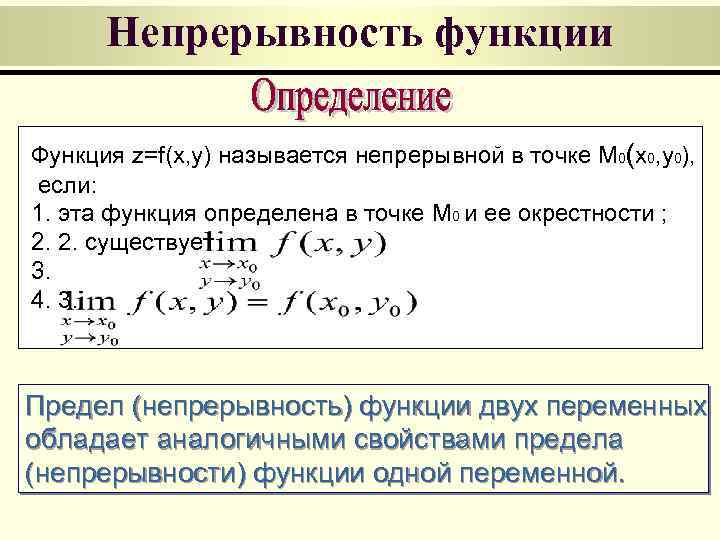Непрерывность функции Функция z=f(x, y) называется непрерывной в точке M 0(x 0, y 0),