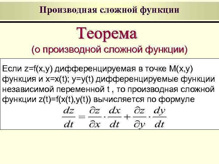 Производная сложной функции (о производной сложной функции) Если z=f(x, y) дифференцируемая в точке M(x,