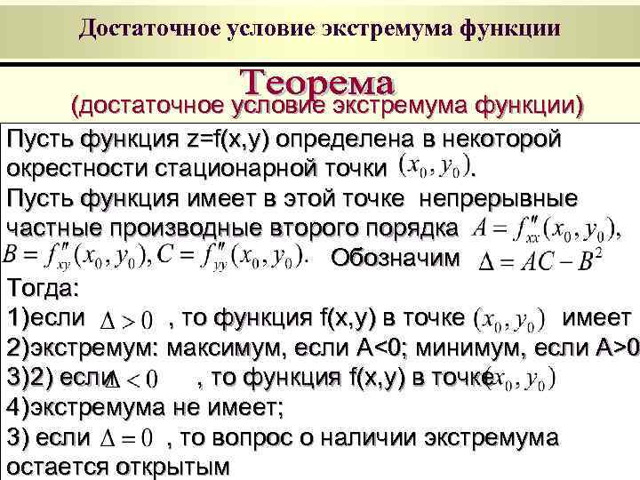 Достаточное условие экстремума функции (достаточное условие экстремума функции) Пусть функция z=f(x, y) определена в