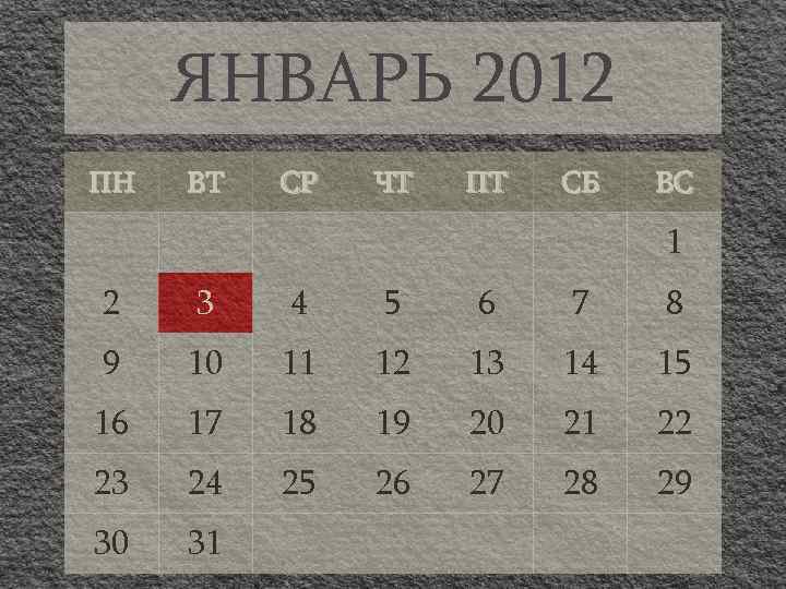 ЯНВАРЬ 2012 ПН ВТ СР ЧТ ПТ СБ ВС 1 2 3 4 5