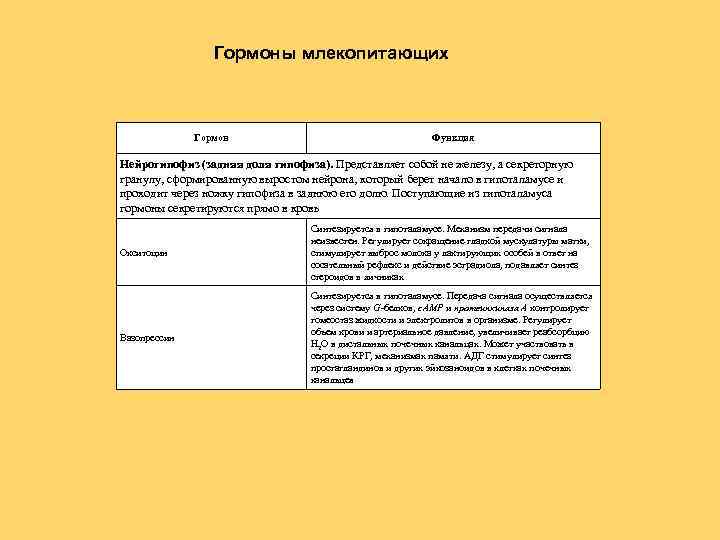 Гормоны млекопитающих Гормон Функция Нейрогипофиз (задняя доля гипофиза). Представляет собой не железу, а секреторную