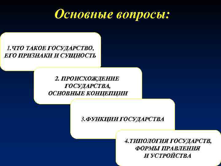 Основные вопросы: 1. ЧТО ТАКОЕ ГОСУДАРСТВО, ЕГО ПРИЗНАКИ И СУЩНОСТЬ 2. ПРОИСХОЖДЕНИЕ ГОСУДАРСТВА, ОСНОВНЫЕ